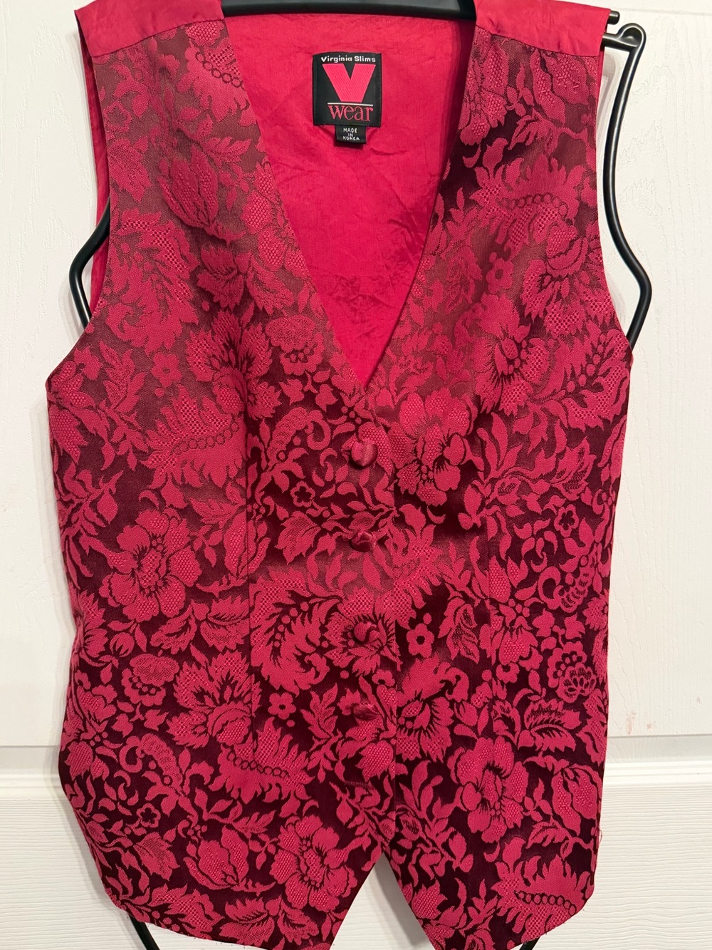 Vintage 90s Red Brocade vest V Wear Virginia Slims Size S/M